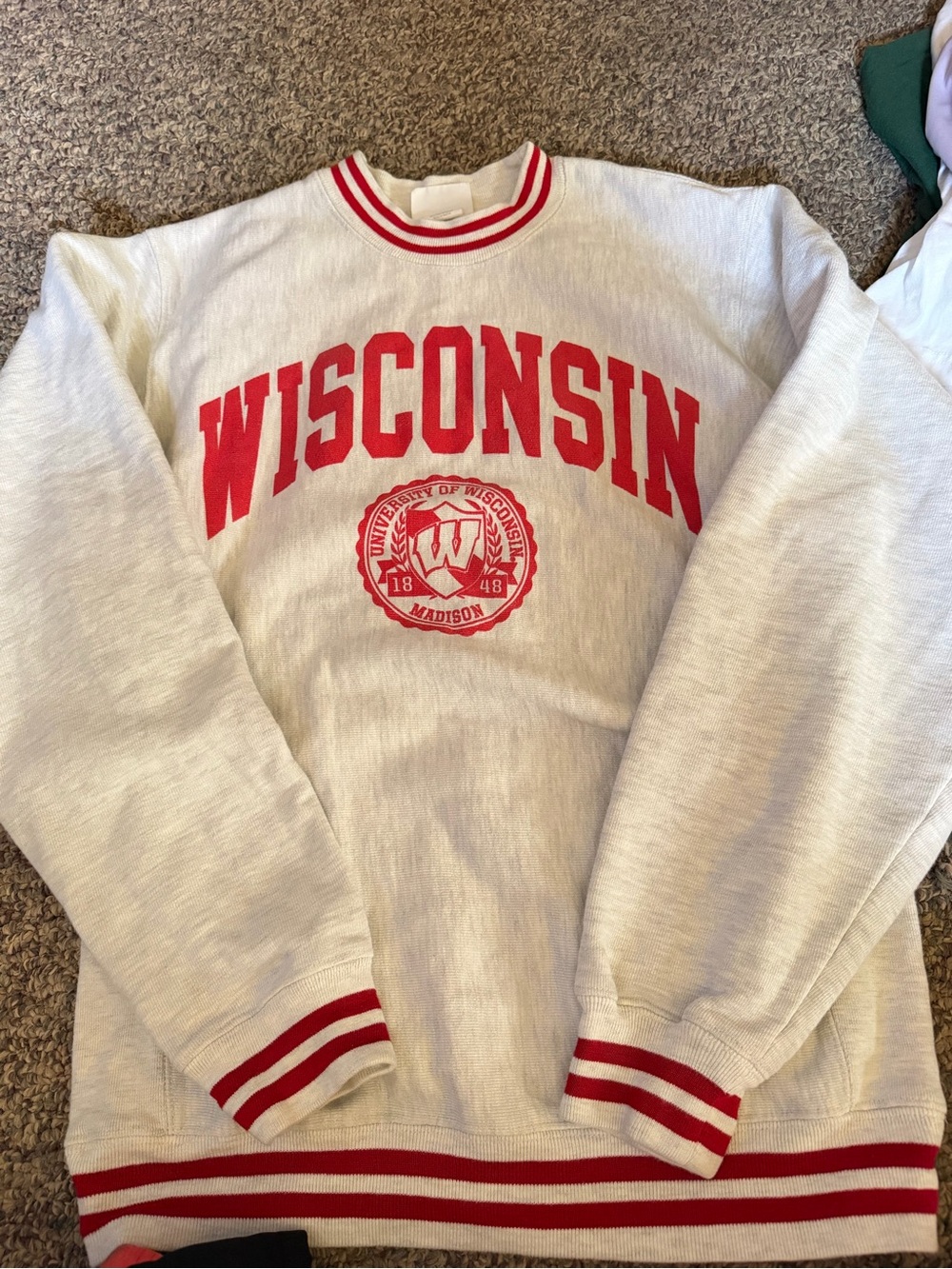 Champion White Crewneck Sweatshirt with Red Wisconsin Logo